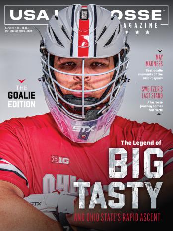 May 2025 edition of USA Lacrosse Magazine with portrait of Ohio State goalie Caleb Fyock on the cover