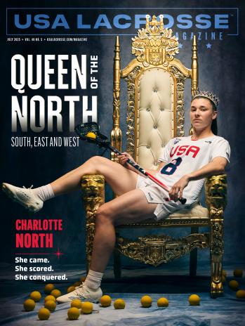 USA Lacrosse Magazine July 2025 edition cover featuring portrait of Charlotte North on a throne