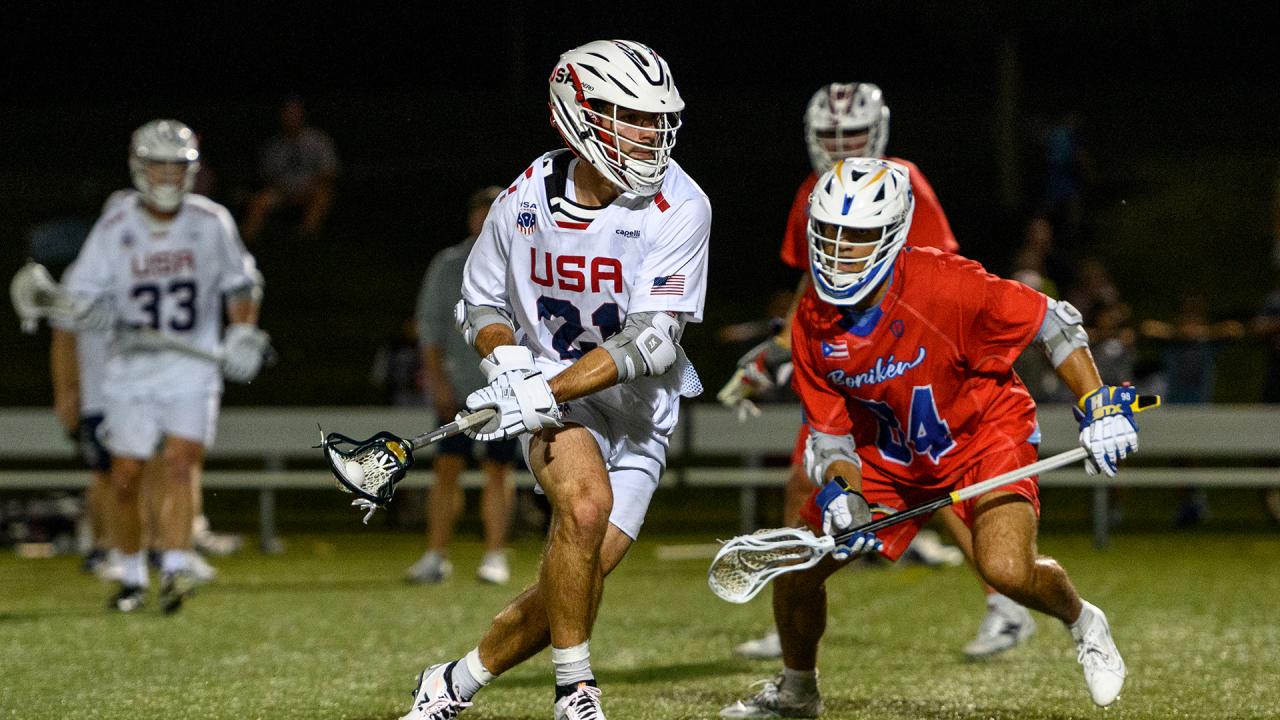 Coulter Mackesy cradles the ball against Puerto Rico during the Atlas Cup