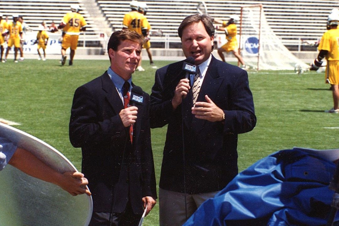 Quint Kessenich and Leif Elsmo on the field ahead of an NCAA tournament game