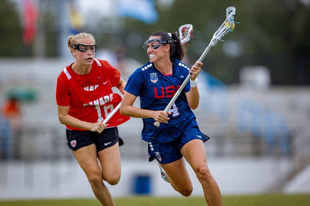 Marie McCool carries the lacrosse ball against Canada during the 2025 Pan-American Women's Lacrosse Championship