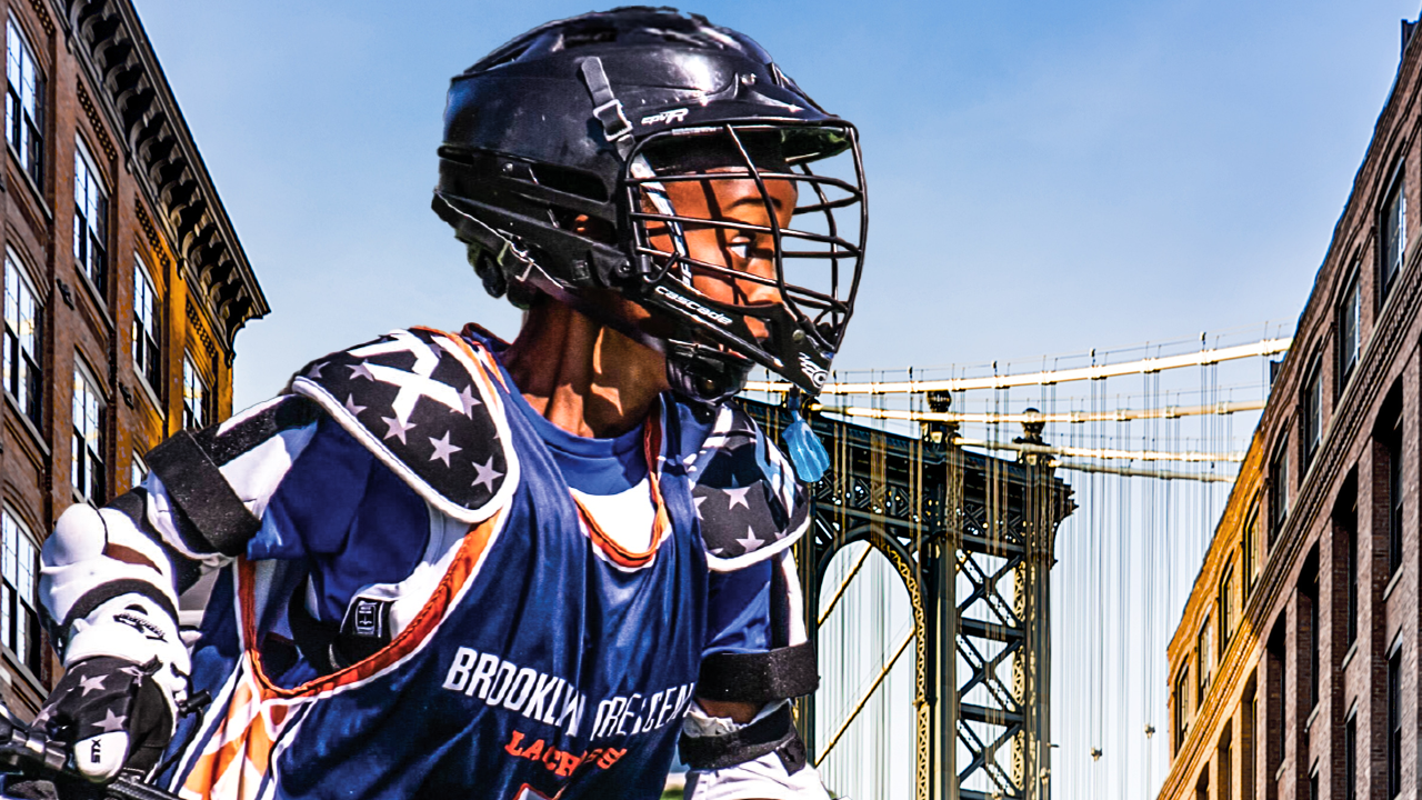 Brooklyn Crescents lacrosse player action composited in front of stock image of the Brooklyn Bridge