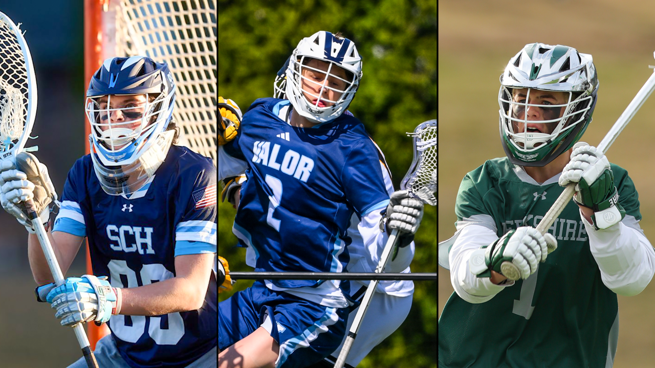 Three-photo sequence featuring (from left) Springside Chestnut Hill (Pa.) goalie Moe Sobel, Valor Christian (Colo.) attackman JT Cross and Berkshire (Mass.) attackman James Holbrough