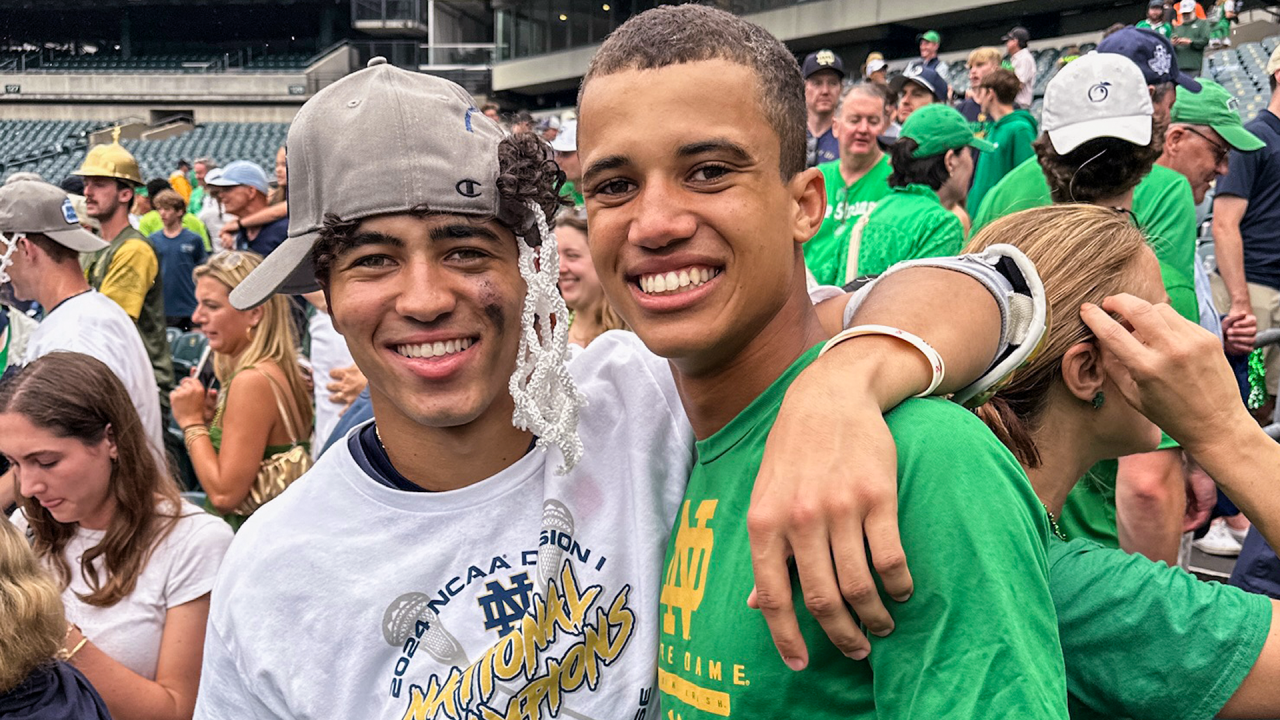 Dylan Faison (right) with his brother, Jordan, after Notre Dame's 2024 NCAA men's lacrosse championship victory at Lincoln Financial Field in Philadelphia