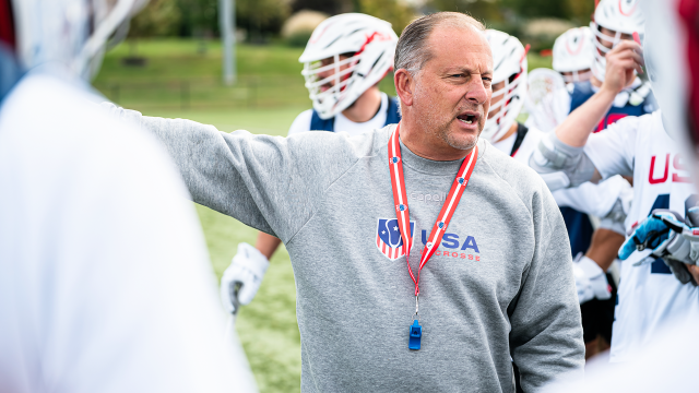 Seth Tierney addresses candidates for the U.S. Men's National Team in a huddle during training camp at USA Lacrosse headquarters in Sparks, Md.